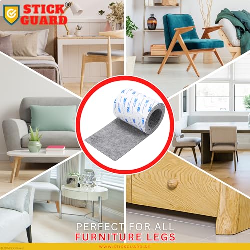 StickGuard Felt Furniture Pads Strip Rolls - DIY Table Chair Leg Floor Protectors - 1 Roll (100cm x 10cm) and 2 Rolls (100cm x 2cm) - Heavy Duty Felt Tape with 3M Self Adhesive Backing - (Grey)
