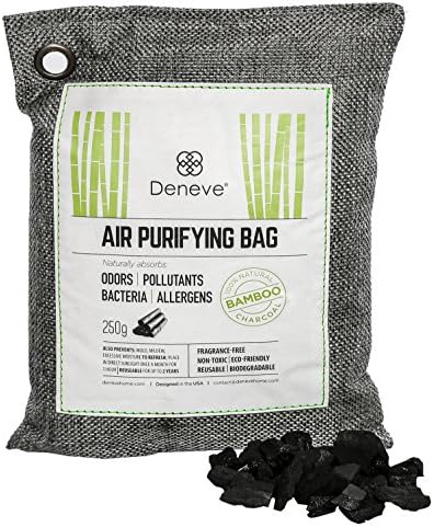 Deneve Charcoal Air Freshener Odor Absorber Bags with Activated Bamboo, Non Toxic Solid Car Closet Scent Eliminator and Moisture Remover, Fragrance Free Air Purifying (250g Black)