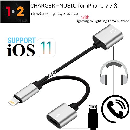 DISDIM 2 in 1 Aluminum Dual Lightning Charging Adapter & Female Headphone Jack Aux Audio Splitter Cable for iPhone X / 8 / 8 Plus /7 /7 Plus,iOS 11 with Calling Function and Music Control (Silver)