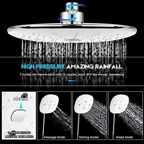 Shower Head Combo, ASOGO 9" Adjustable Rainfall Showerhead 3 Settings High Pressure Handheld Shower Head With Push Button,3-Way Water Diverter,1.5M Hose,Chrome Plated ABS,Bathroom SPA Experience