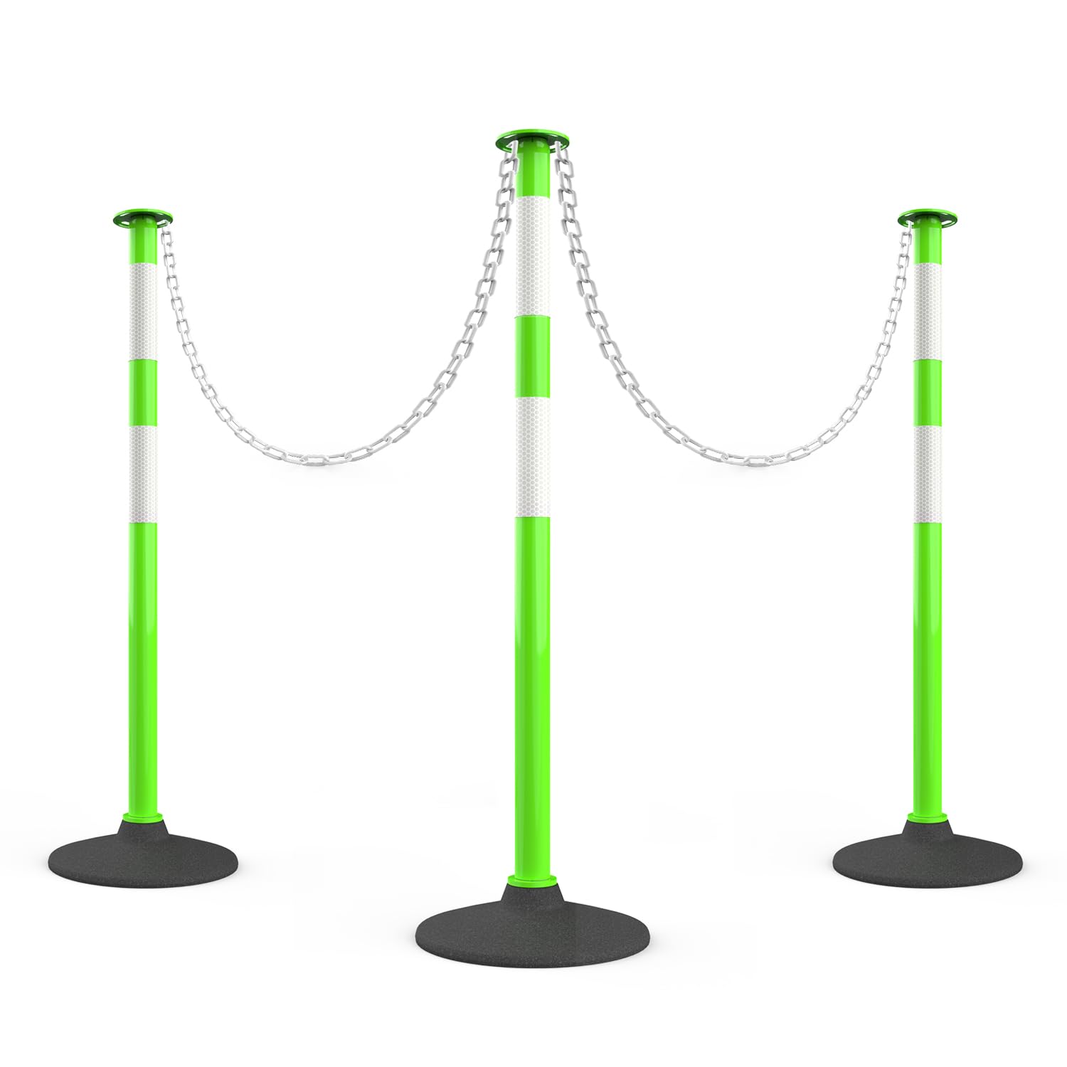 Photo 1 of RoadHero 3 Pack Traffic Delineator Post with Weighted Rubber Base, Portable Lime Green Safety Barrier Posts Cones with 5 FT Plastic Chain and Reflective Collars for Parking Lots,Construction Events