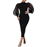 Ekaliy Women's See Through Bodycon Dress Sheer Mesh Long Puff Lantern Sleeve Dress Sexy Club Party Midi Dress Clubwear