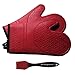 Silicone Oven Mitts, 1 Pair (2 x Dark Red Mitt), Deluxe Quilted Liner, Bonus Brush