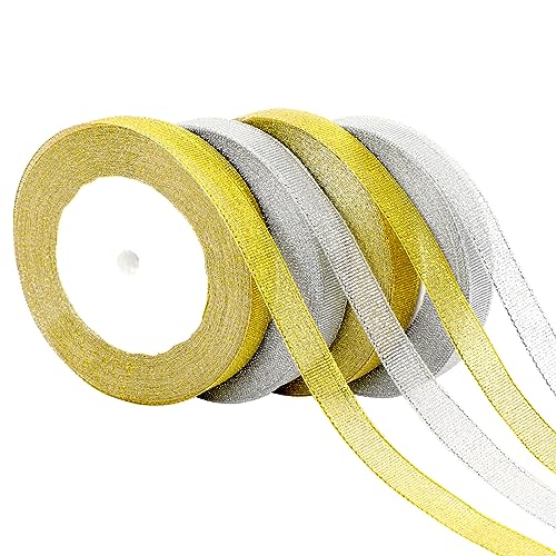 DECYOOL 4 Rolls 100 Yards Christmas Satin Ribbons 15mm Wide Holiday Craft Ribbons for Gift Wrapping and Xmas Decoration, Gold & Silver