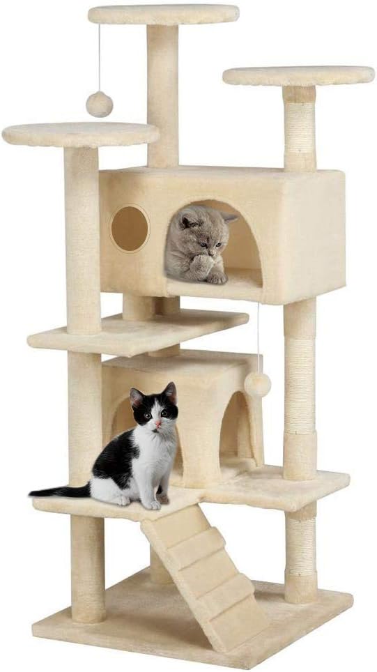 Vivostore Cat Tree Tower with Double Condos, 51" Kitten Activity Tree with Platform Play House Wrapped Scratching Sisal Post and Dangling Balls