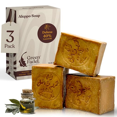 Green Fadel Aleppo Seife Original, 40% Lorbeeröl, 60% Olivenöl, 3 X Ca. 200G (Deluxe), Olivenölseife, Naturseife, Kernseife, Handgemacht, Vegan