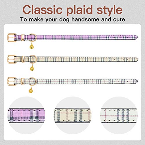 KOOLTAIL Soft Leather Puppy Dog Collar - Cute Plaid Dog Collars for Puppies & Cats - 3 Pack Durable PU Leather Collar with Bell for Pets Daily Wearing