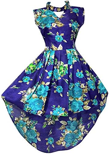 Renish Enterprise Navy Bule Banglory Satin Print Girls' Dress
