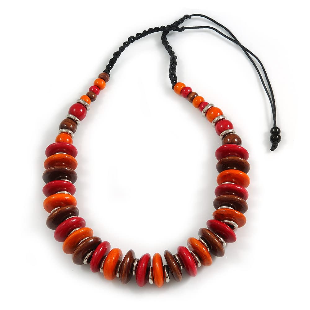 Avalaya Brown/Red/Orange Wood Button/Round Bead Black Cotton Cord Necklace - 80cm Max Lenght - Adjustable