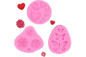 WANGZZNIU 3 Pcs Silicone Heart Mold Mini Flower Mould Butterfly Fondant Molds Non-stick Epoxy Baking Tool for Making Cake Decoration, Clay, Wax, DIY Sugar Crafts (Pink)