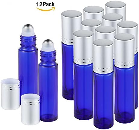 Trcoveric Pack 12 Roll on Bottles Premium Cobalt Blue Glass Refillable Essential Oil Bottle with Stainless Steel Roller Ball &amp; Lids Top, 10 ml for Aromatherapy, Essential Oil, Perfume