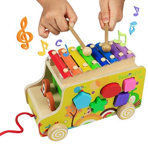 Wooden Toys Pull Cars Xylophone Knock Musical Instruments Animal Xylophones 8 Keys with 2 Mallets 10 Shape Blocks for Kids Toddlers Girls Boys 3 4 5 Years