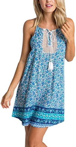 FCLM Women's Spaghetti Straps Backless Floral Printed Casual Party Dress Blue Short M BG42505