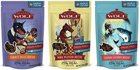 My Little Wolf Grain Free Dog Treats 3 Flavor Bundle, (1) Each: Turkey Bliss, Salmon-Licious, Pork Pleaser - 5.29 Ounces