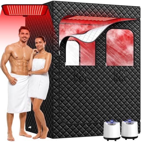 2 Person Sauna Portable Infra-red Sauna Box, Upgraded Home Sauna Tent with 160 LEDs Dual 660nm & 850nm RedLight, 2 Steamers, 5-Layer Waterproof, 99-Min Timer & Remote for Relaxation