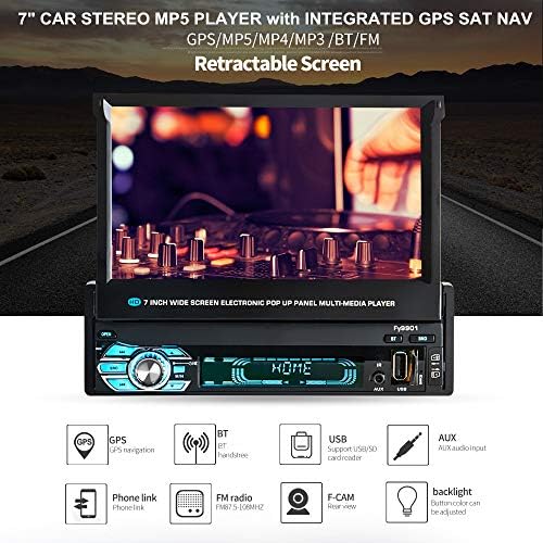 Diglife Bluetooth Car Radio,Single Din Car Stereo MP5 Player with GPS Navigation + 7 inch Retractable Touch Screen + 8GB Map TF Card + Rear View Camera, Support Bluetooth,USB Port, AUX, FM/AM Radio [Energy Class A++]