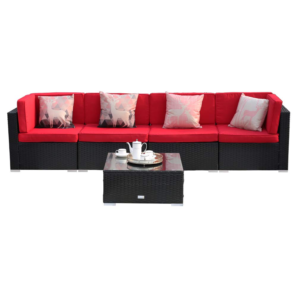 5pcs Red Without Ottoman W Tea Table Eclife Outdoor Rattan Sofa 5 Pcs Set Patio Pe Wicker Black Sofa Couch Furniture Set Removable Cushions W 4 Pillows Sofa Covers