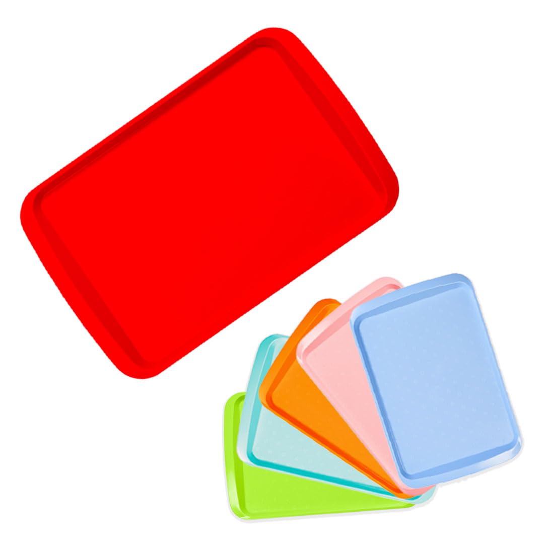 ECO Large Plastic Serving Tray for Tea & Food Serving | Multi-Purpose Dinner Tray for Home & Cafés | Food Trays for Lap | Multi Color Tea Trays for Kids Breakfast in Bed (Red, Large)