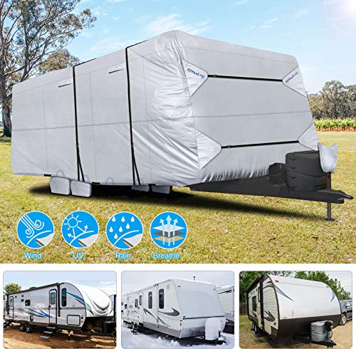 RVMasking Waterproof Travel Trailer RV Cover, Ripstop Camper Cover with 4 Tire Covers & Tongue