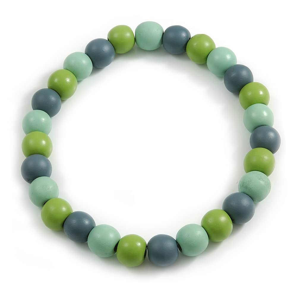 Avalaya Chunky Mint/Grey/Lime Green Round Bead Wood Flex Necklace - 48cm Long