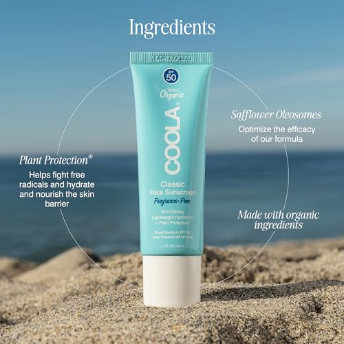 COOLA ORGANIC FACE SUNSCREEN SPF 50 SUNBLOCK LOTION, DERMATOLOGIST TESTED SKIN CARE FOR DAILY PROTECTION, VEGAN AND GLUTEN FREE, FRAGRANCE FREE, 1.7 FL OZ.