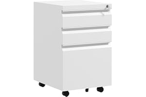 Vinsetto 3 Drawer File Cabinet with Lock, Steel Vertical Filing Cabinet with 5 Wheels and Hanging Bar for A4/Legal/Letter, Ho
