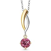 Gem Stone King 925 Silver and 10K Yellow Gold Pink Tourmaline Pendant Necklace for Women | 0.52 Cttw | Gemstone October Birthstone | Round 5MM | With 18 Inch Silver Chain