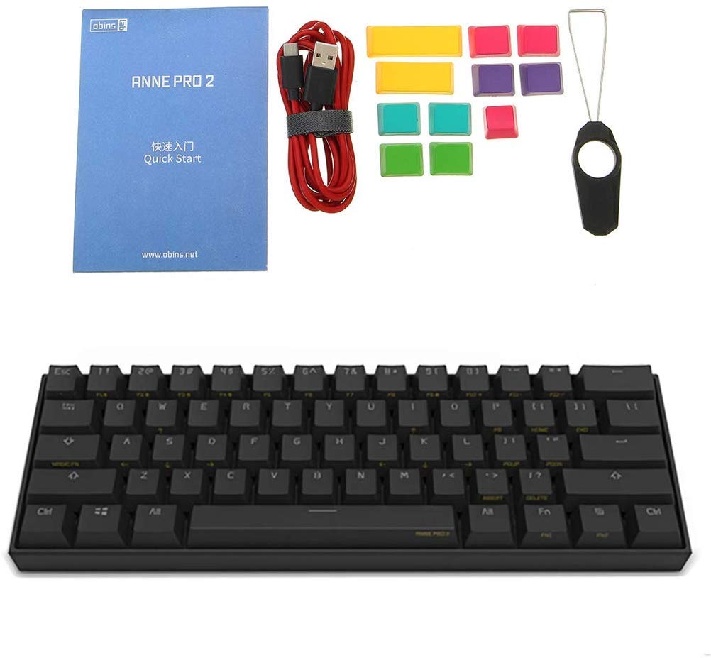 TzBBL Anne Pro 2 Mechanical Gaming Keyboard 60% True RGB Backlit - Wired/Wireless Bluetooth 4.0 PBT Type-c Up to 8 Hours Extended Battery Life, Full Keys Programmable (Gateron Blue Switch, Black)