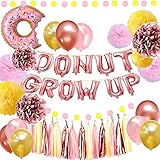 Donut Party Supplies - Donut Grow Up Balloons Banner Rose Gold, 18 Latex Balloons, Pink Rose Gold Yellow Tissue Pom Poms Paper Flowers for Baby Shower Donut Grow Up Birthday Party Decorations