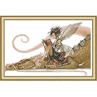 Joy Sunday The Girl Sits on The Dragon Reading A Book Counted Cross Stitch Kits,Cross-Stitch White Blank Fabric Embroidery Kit 14CT 21