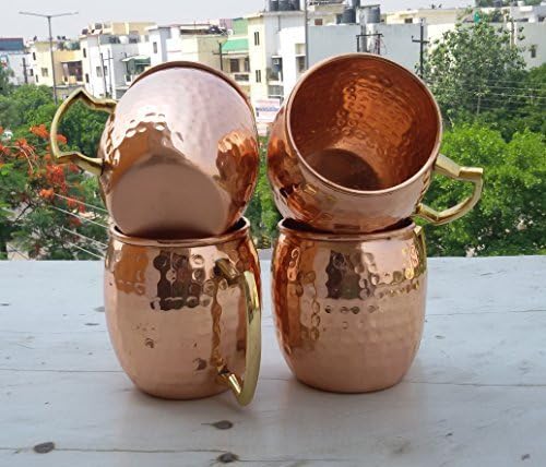 Hammered Copper Moscow Mule Mug Handmade of 100% Pure Copper, Brass Handle Hammered Moscow Mule Mug / Cup, Size-16 Ounce, Set Of-4 by CGP