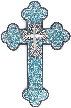 15 3/4" Western Wall Cross Faux Iron Fleur De Lis Blue Broken Glass