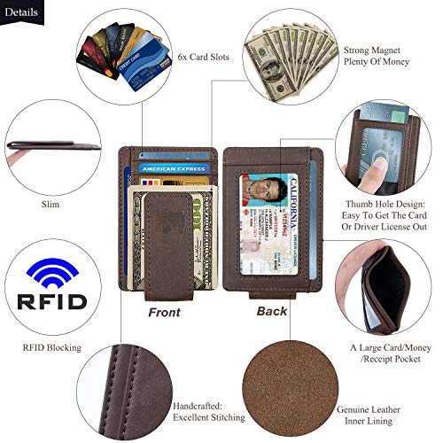 Mens Money Clip Wallet Leather Slim Front Pocket Magnetic RFID Money Clip Wallet (Brown)