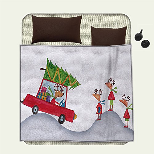 smallbeefly Christmas wearable blanket Reigndeer Family Father in Retro Red Car and Tree Kids Doodle Drawing Artworksecurity blanket Gray White