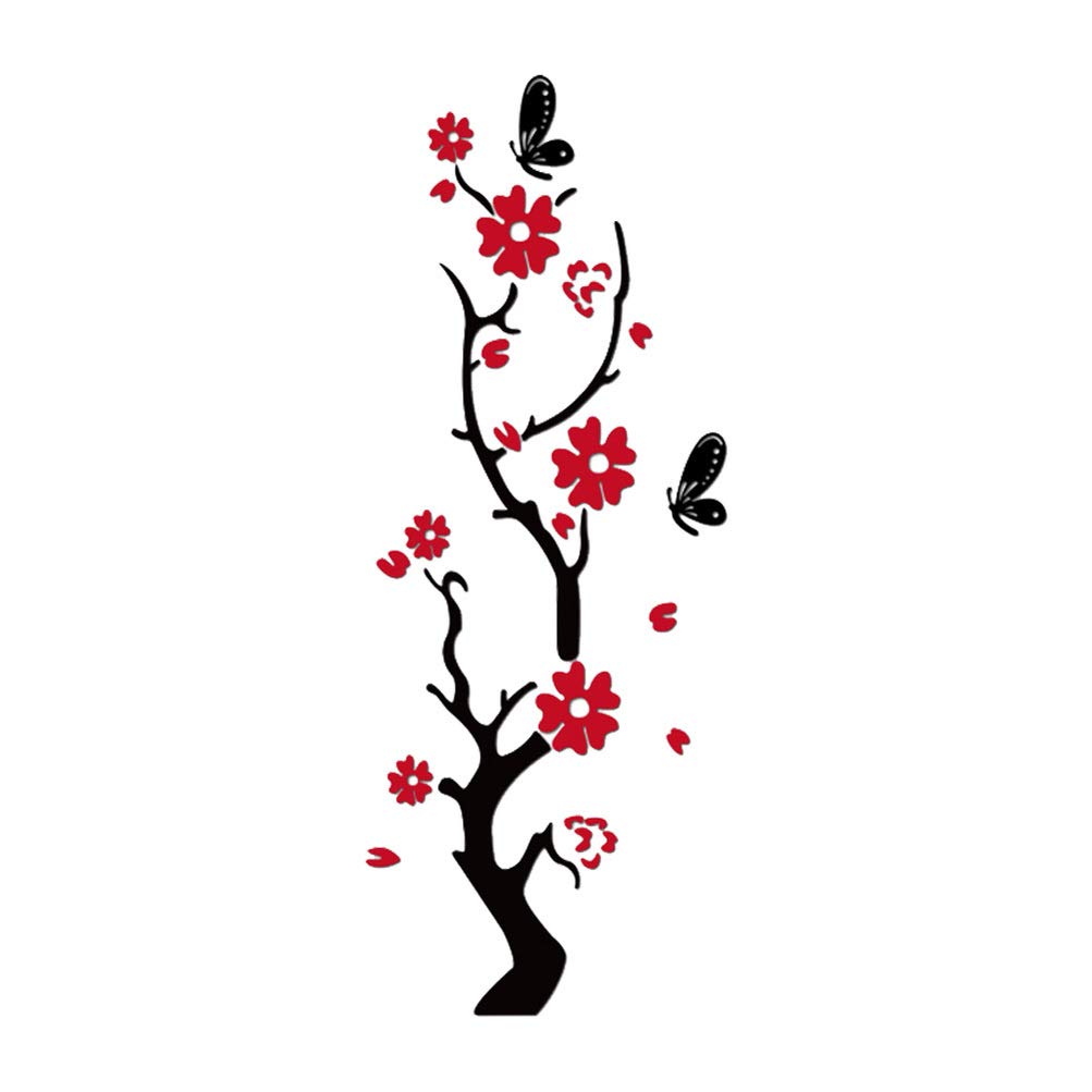 BESPORTBLE Acrylic Wall Stickers 3D Plum Blossom Wall Decals DIY Nordic Flower Background Mirror Wall Decor for Living Room Bedroom Wall Background (Black Red)
