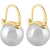 925 Sterling Silver Pearl Dangle Drop Earrings for Women Girls Hypoallergenic 14K Gold Plated Clasp Elegant Jewelry Size 14mm