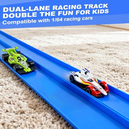 Last Page® Flexible Race Track for Kids 3+Year Old, 15ft Flex Car Tracks for Toddlers with 2 Pull-Back Cars & 2 Alloy Cars, Portable Roll Up Racing Car Tracks, Birthday for Boys Girls