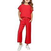 APWEQATA Girls Outfits Drop Sleeve Shirts & Drawstring Wide Leg Pants Sets Lightweight Kids Sweatsuits With Pockets Size 5-14