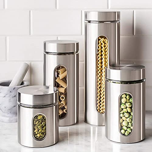GGEROU Stainless Steel Food Storage Canister Sets with Glass Visible Window & Airtight Lids,Set of 6 Airtight Sugar Coffee Tea Candy Storage Jars，Food Storage Containers Grain Storage Tank (M：950ml)