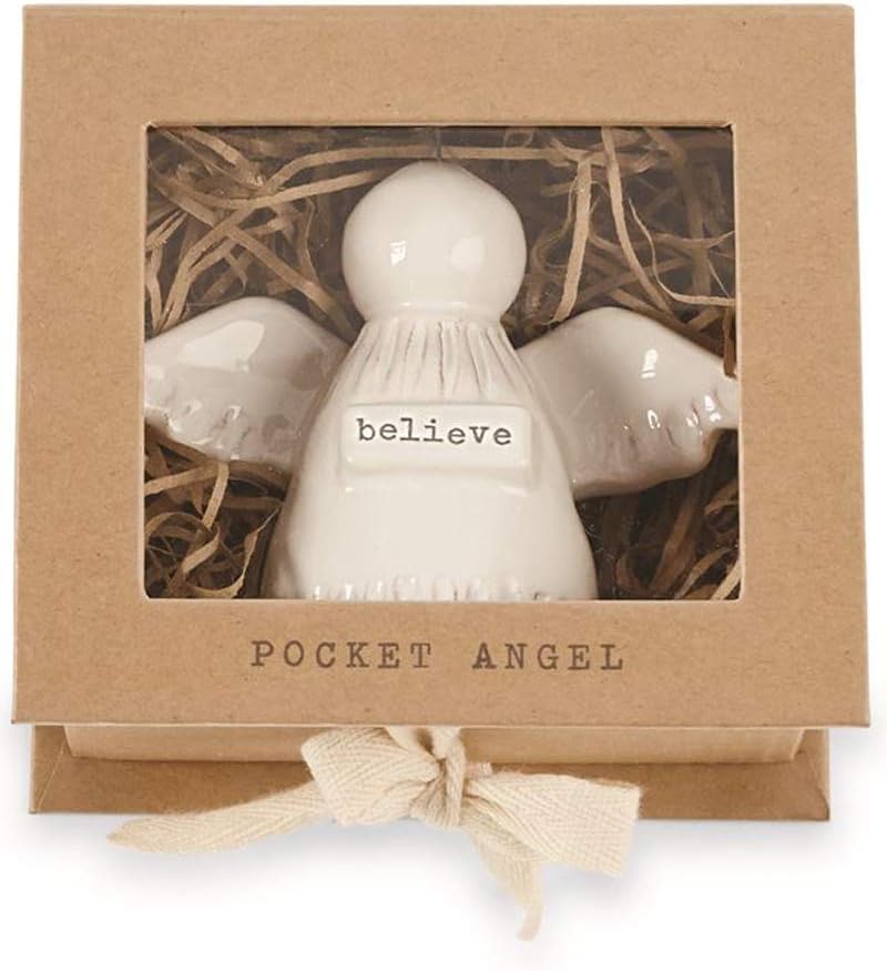 Mud Pie Believe Pocket Angel Milk Glazed Terra-Cotta with Metal Halo 3.5 Inches