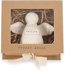 Mud Pie Believe Pocket Angel Milk Glazed Terra-Cotta with Metal Halo 3.5 Inches