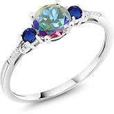 Gem Stone King 10K White Gold Mercury Mist Mystic Topaz Blue Created Sapphire and Diamond Accent 3-Stone Engagement Ring For Women (1.21 Cttw, Round 6MM, Gemstone November Birthstone)