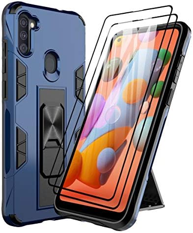Dahkoiz Case for Samsung Galaxy A11 Case with Tempered Glass Display Protector[2 Pack],Rugged Ring Grip Kickstand Cowl Navy Grade Drop Safety Cellphone Circumstances for Samsung Galaxy A11 A115, Blue