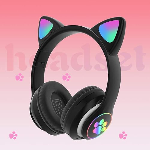UXELY Girl Wireless Gaming Headset, Cute Cat Ear Headset with LED