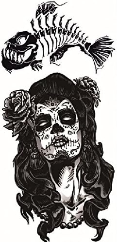 Spestyle waterproof and non toxic Terrible skull lady with grey rose and fish bone realistic temporary tattoo stickers