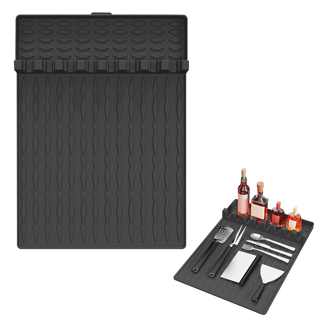 DIYBravo Silicone Griddle Tools Mat for Blackstone Side Shelf Mat Grill BBQ Caddy Utensils Holder Spatula Mat with Drip Pad Blackstone Griddle Accessories for Cooking Grilling Kitchen (Black)