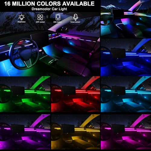 Acrylic Interior Lighting for Car, LED Strip, RGB 18 in 1 with 175 Inch 593 LEDs, Fiber Optic Strip Lights for Car, Dynamic Hunting Music, Sync, Neon Car Ambient Lighting Kits