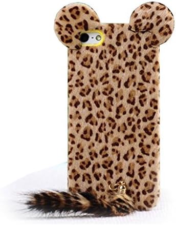 BJS Leopard Print 3D Cartoon Cat Ear Soft TPU Case with Fluffy Plush Tail for Apple iPhone 5 5S with Free Stylus Pen and Screen Protector(Yellow)