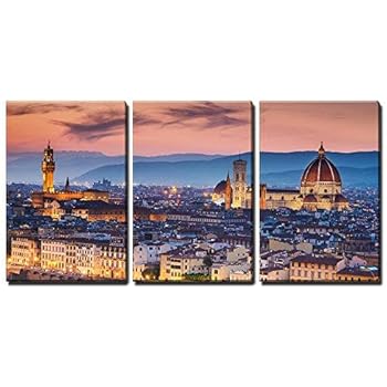 wall26 - 3 Piece Canvas Wall Art - Beautiful Sunset Over Cathedral of Santa Maria Del Fiore (Duomo), Florence, Italy - Modern Home Decor Stretched and Framed Ready to Hang - 24