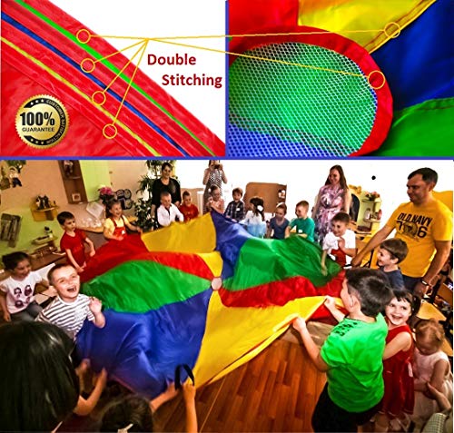 VOMLine Play Parachute 12 Foot for Kids with Extra Strong Smudge Resistant-Handles, Proper Selection of Matching Colors On The Basis of Experimental Color Testing, with High-Grade Stitching